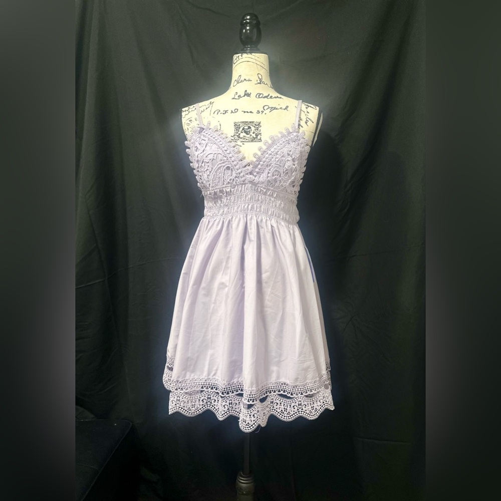 Justify Lilac Coquette Crochet-Trim Smocked Backless Mini Babydoll Dress